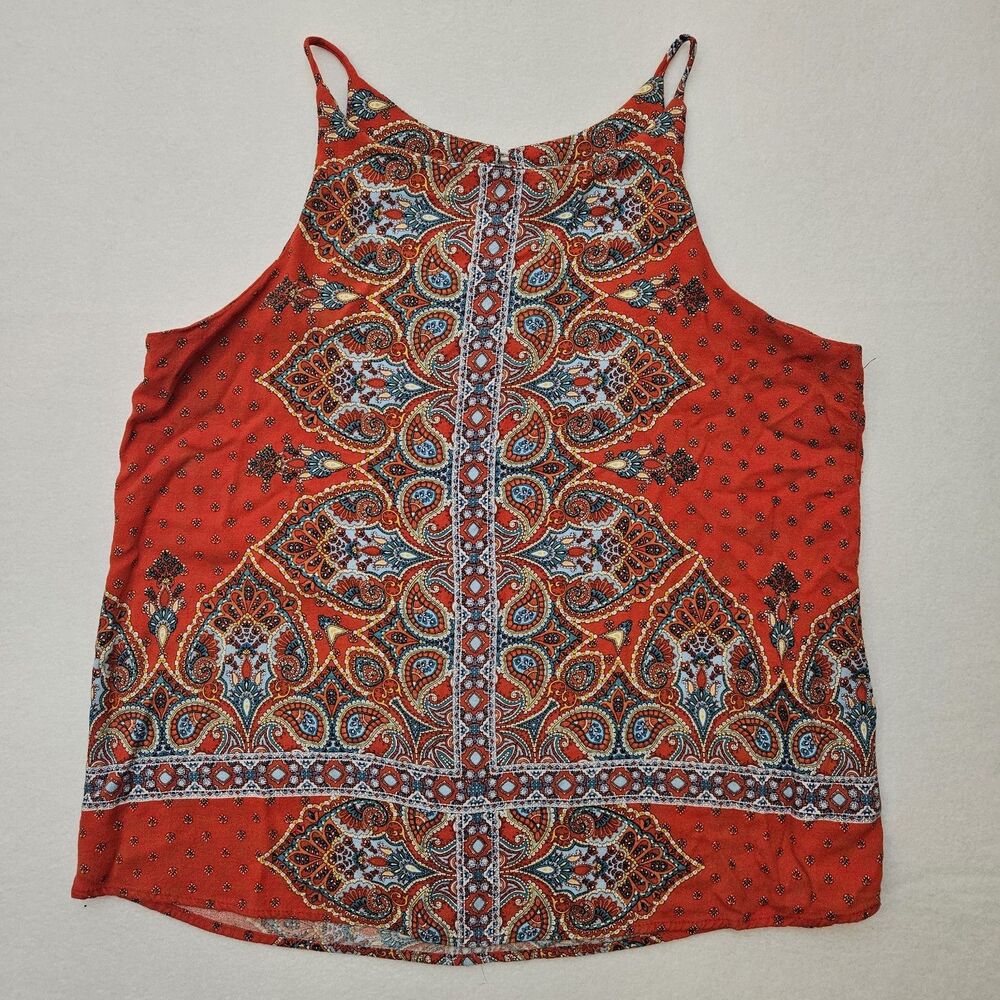 Renee C Sz M Alecto Halter Top Blouse Red Paisley Geometric Medallion Boho Cute